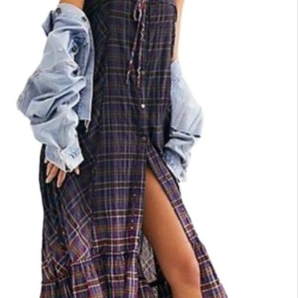 New We The Free x Free People Plaid City XS Purple Button Front Maxi Top / Dress - Picture 4 of 4
